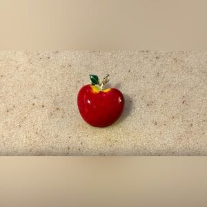 Red Apple Brooch with Green Leaves